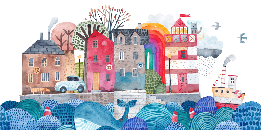 illustration of a seaside city